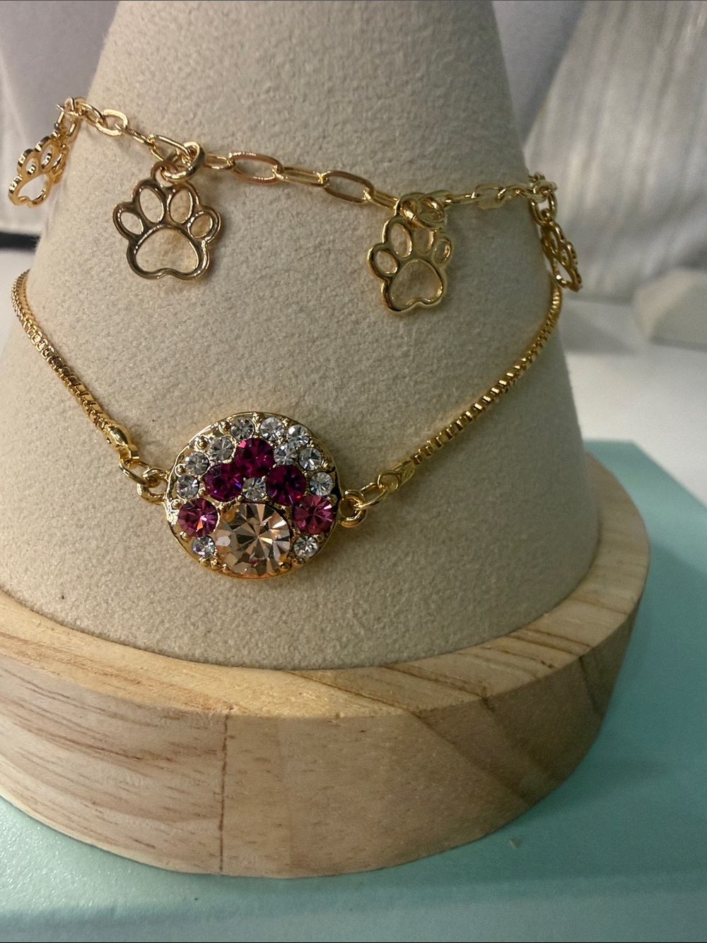 Gold Paw Charm and Crystal Pendant Bracelet - Pink/Gold
